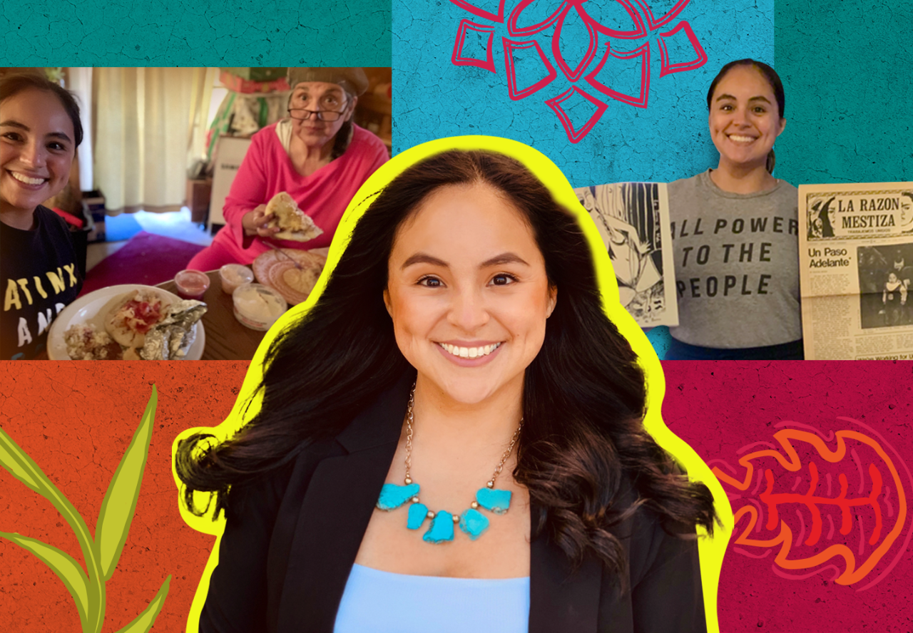 In front of a collaged, colorful background, are three photographs of Juri Sanchez. On the left, Sanchez and Salvadoran-American elder Dorinda Moreno eat pupusas. In the center photograph, Juri Sanchez smiles directly at the camera, wearing a blazer and a bright turquoise necklace. In the photograph on the right, Juri Sanchez holds up two somewhat-yellowed archival records, an illustration of a woman in one hand, and a newspaper titled "La Razon Mestiza" in the other.