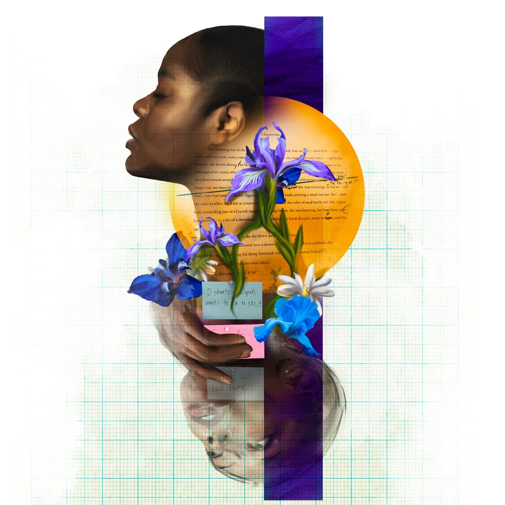 A collage on gridded paper, featuring a woman's head, several flowers in shades of purple, blue, and white, and Brit Bennett's notes and manuscript pages from when The Vanishing Act was a novel-in-progress. 
