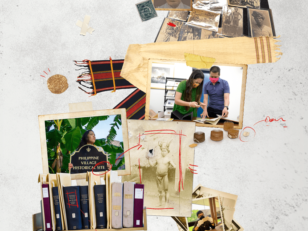 A collage of textiles, combs, a coin, archival materials, and photographs from the Philippine Collection. The top right photograph features resident artist Janna Añonuevo Langholz and Project Lead Ricky Punzalan looking together at a book containing photographs.