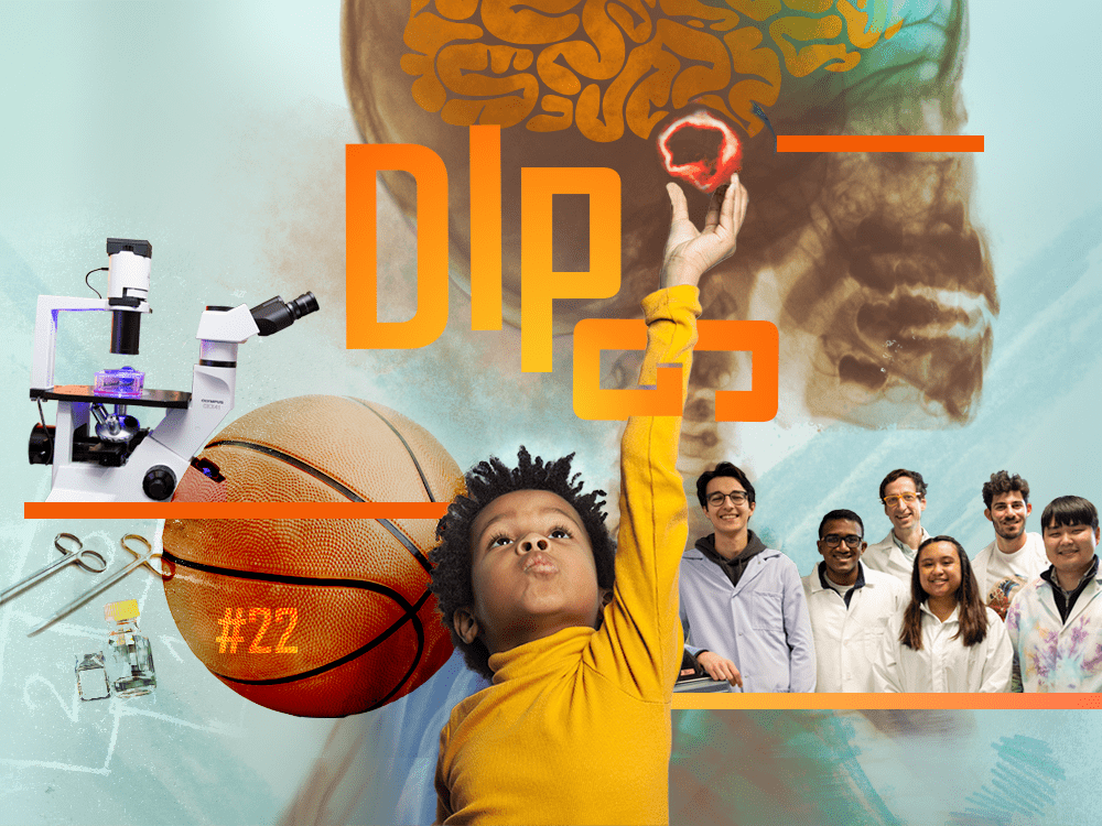 A photo collage includes images of surgical scissors, a microscope, a hopscotch game, a basketball with the number 22 on it, a child reaching up, an X-ray of a brain tumor, and five undergraduate students posed with a cancer researcher.