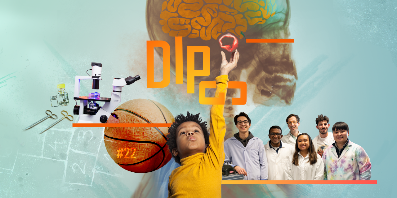 A photo collage includes images of surgical scissors, a microscope, a hopscotch game, a basketball with the number 22 on it, the letters "DIPG," a child reaching up, an X-ray of a brain tumor, and five undergraduate students posed with a cancer researcher.