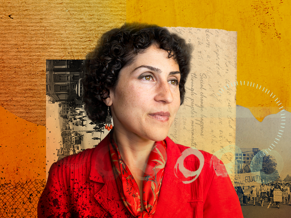 A photograph of human rights lawyer Azadeh Shahshahani against an abstract background of yellows, oranges, and reds.