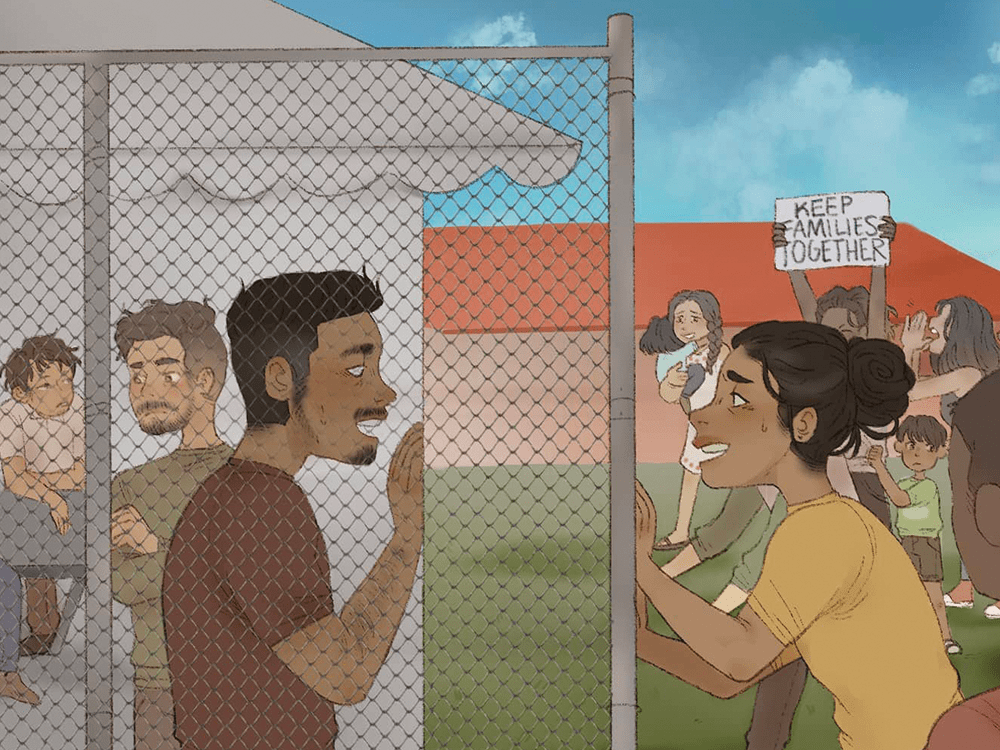 Dalia Harris’s illustration features two people in the foreground, separated by a chainlink fence, while many other people appear in the background, afraid and anguished. One person in the background holds up a sign that reads “Keep Families Together,” while a child clings to their body. 