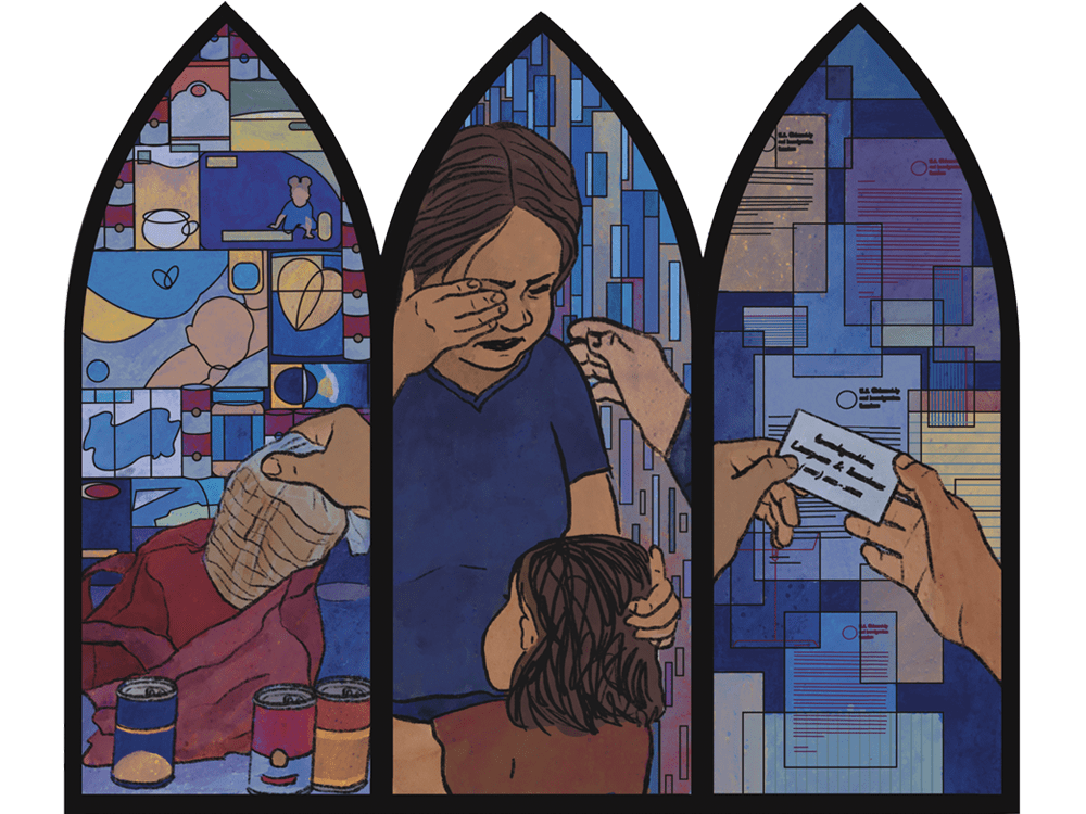 An illustration by Carolina Jones Ortiz is a triptych of images rendered in the style of stained glass windows often seen in Catholic churches. In the first window, a hand reaches into a cloth bag, and retrieves a loaf of bread. Canned food surrounds the bag. In the second window, a child embraces a weeping adult. In the third window, two hands exchange a business card; this image floats above a grid of official documents.