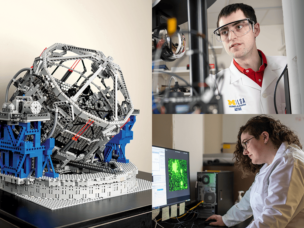 CLOCKWISE FROM LEFT: The first of three grouped images is a close-up photo of a Lego model of the Extremely Large Telescope sitting on a flat black surface. The second image is Ph.D. student Rory Bowens wearing a white lab coat, red undershirt, and goggles, looking at equipment in the foreground to his left. Under that image is post-doctoral researcher Taylor Tobin, wearing a white lab coat and viewing images on a computer screen to her left. Tobin has long, wavy brown hair.