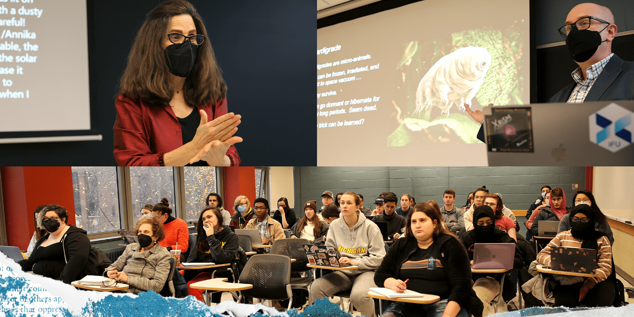 A collage of three photographs taken in the classroom, of, clockwise, from top left: Professor Lisa Makman engaging the class in conversation;  top right: Professor Jon Miller presents to the class; bottom, many students are seated at desks in a classroom.