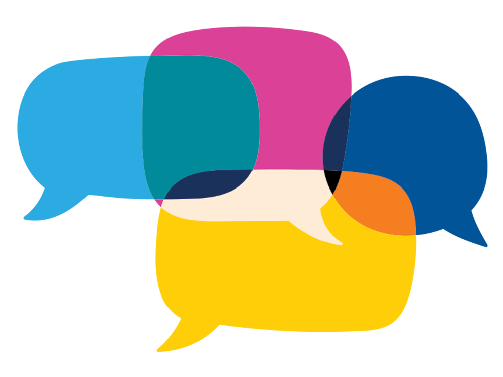 Illustration of speech bubbles in varying colors of yellow, blue, green, and orange.