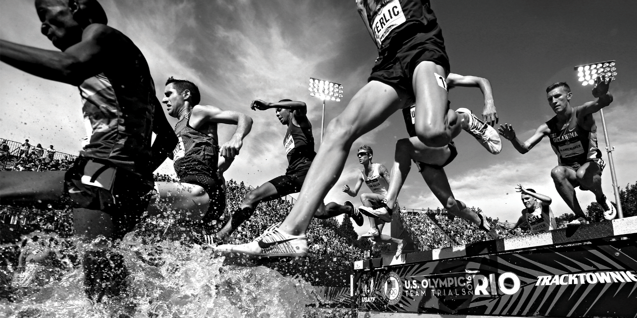 Ph.D. student Mason Ferlic competes in the steeplechase at the 2016 Olympic trials