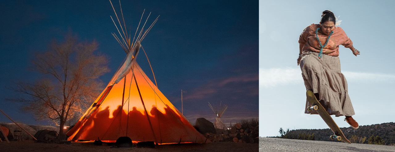 A teepee at night in Standing Rock, Naiomi Glasses does an ollie on a skateboard
