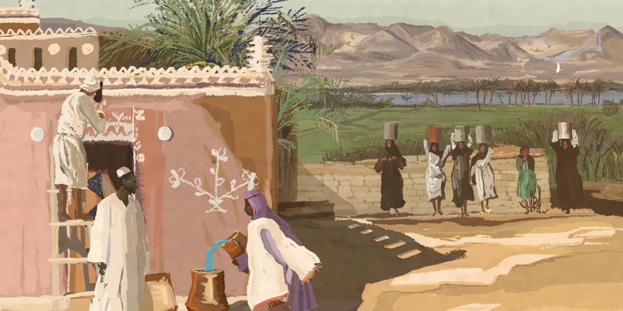 Illustration of a Nubian community beside the Nile River in Egypt. Women balance buckets of water on their heads, and someone is painting a mural on the side of a home.