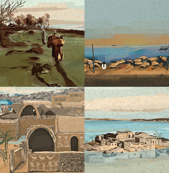 A collage of illustrations of Nubian life after the flooding of their villages.