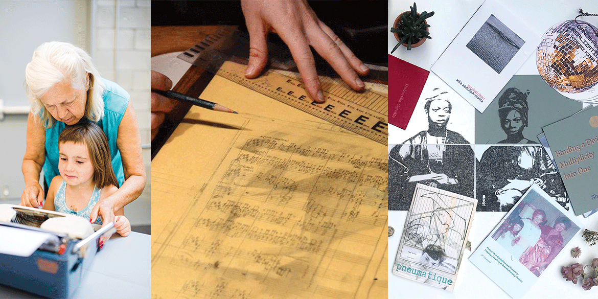 Split image showing a child and adult work together on a typewriter at a harlequin creature event at DIA: Beacon, next to two hands holding a ruler and a pencil while transcribing music for an issue of harlequin creature, next to several prints scattered on a white background.