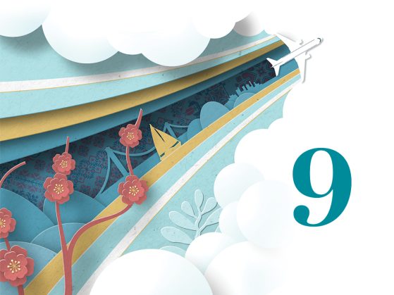 Layers of cut paper include images of a sailboat, a bridge, flowers, a city skyline, and an airplane, alongside a stylized numeral 9.