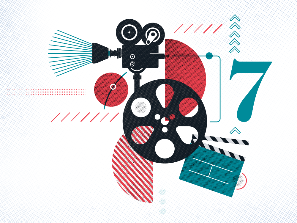 An illustration includes several elements of filmmaking: a clapper, a film spool, a camera, and the text “48 frames,” along with a stylized numeral 7.
