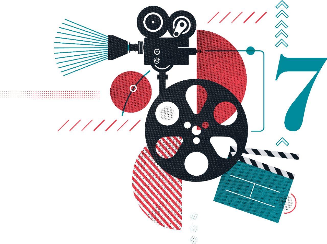 An illustration includes several elements of filmmaking: a clapper, a film spool, a camera, and the text “48 frames,” along with a stylized numeral 7.