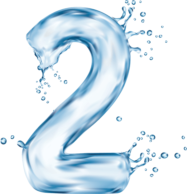 A stylized numeral 2 and a photo of the surface of water and bubbles in the water.