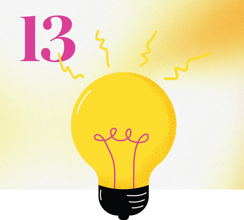 An illustration of a lightbulb with and a stylized numeral 13.