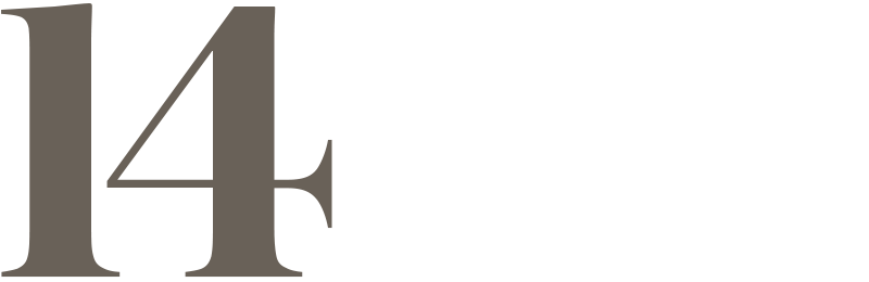 A stylized numeral 14 on a gray, white, and yellow textured background.
