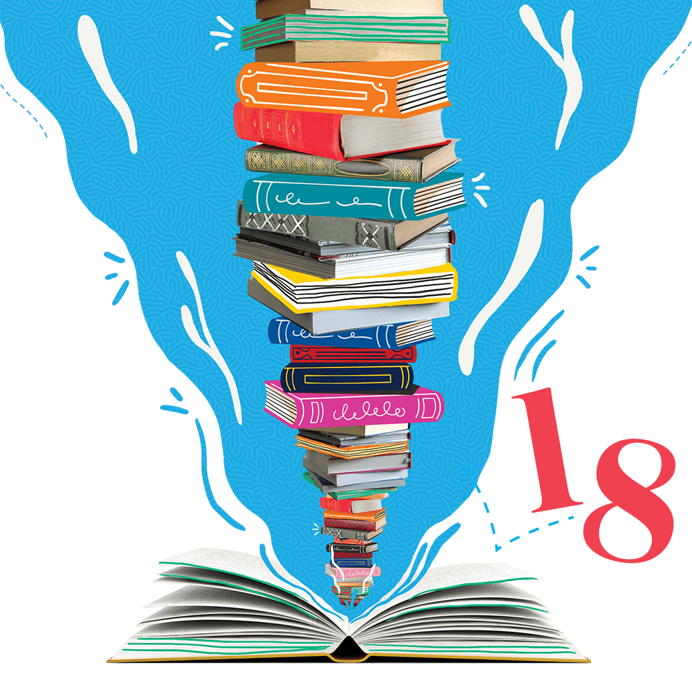 A stack of books of increasing size and various colors emerges from an open book next to a stylized numeral 18.