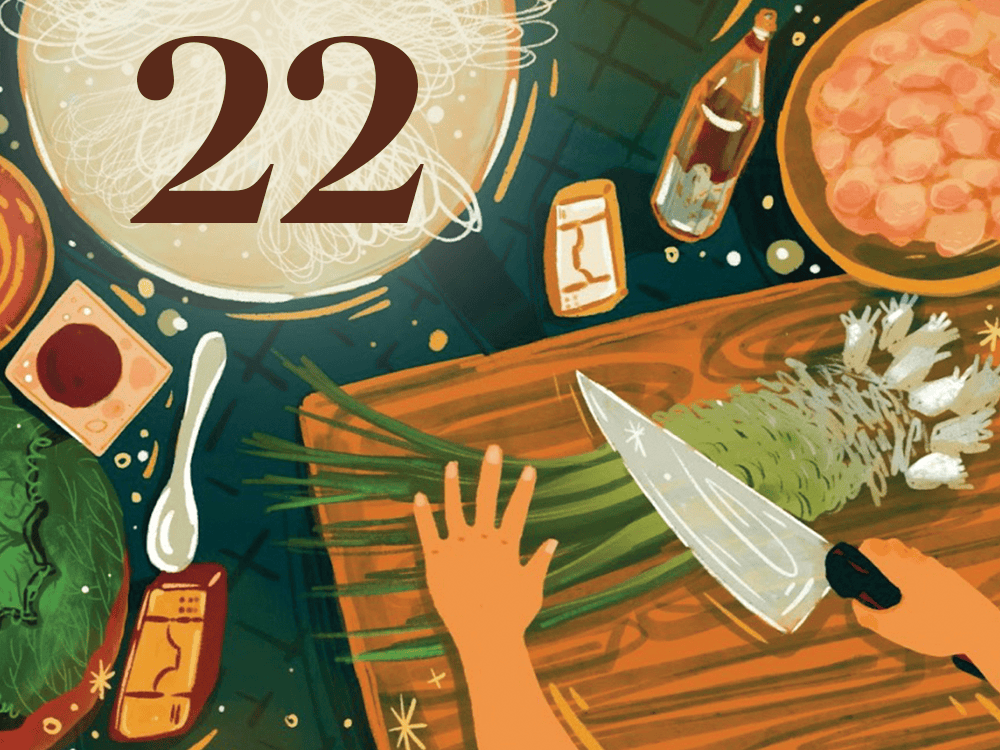 An illustration shows a person’s hands cutting vegetables on a cutting board that is surrounded by other food and drink items, as well as a stylized numeral 22.