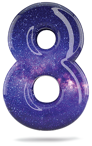 The numeral 8 that is made up of images of stars and other elements of a night sky.