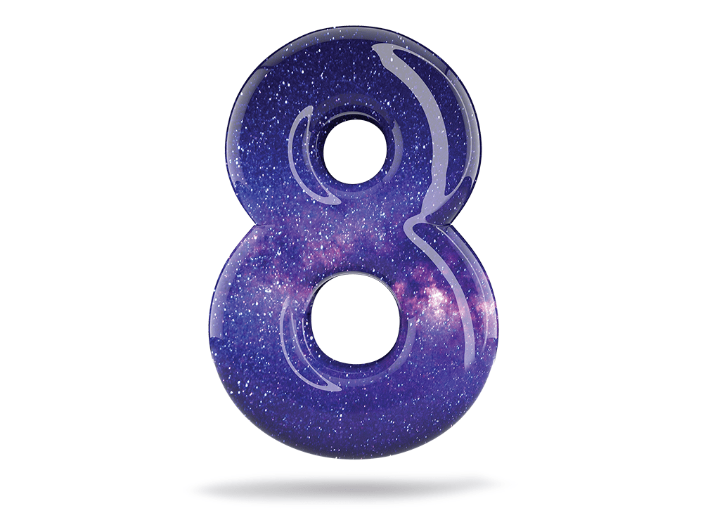 The numeral 8 that is made up of images of stars and other elements of a night sky.