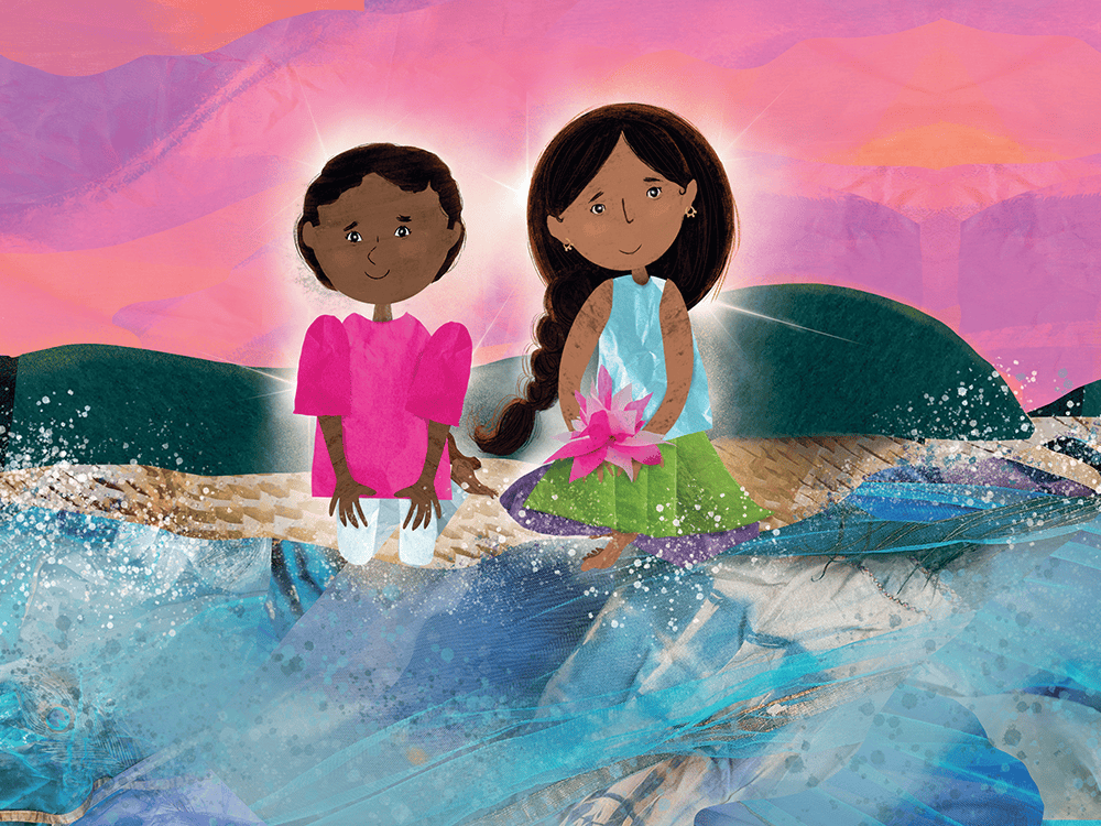 A collaged illustration in pinks and blues features two human figures standing at a shore. One holds a lotus bloom.