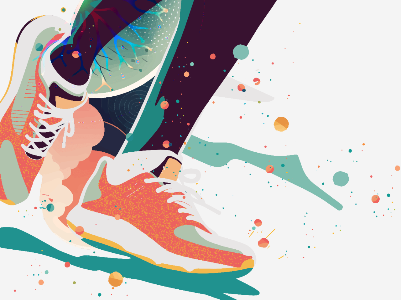 A multicolored illustration of a person’s lower legs and feet. The person wears running shoes.