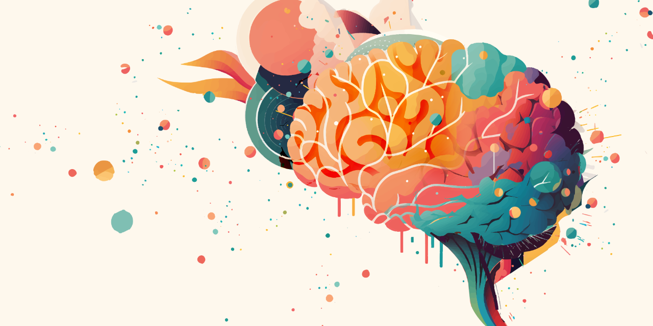 A multicolored illustration of a human brain.