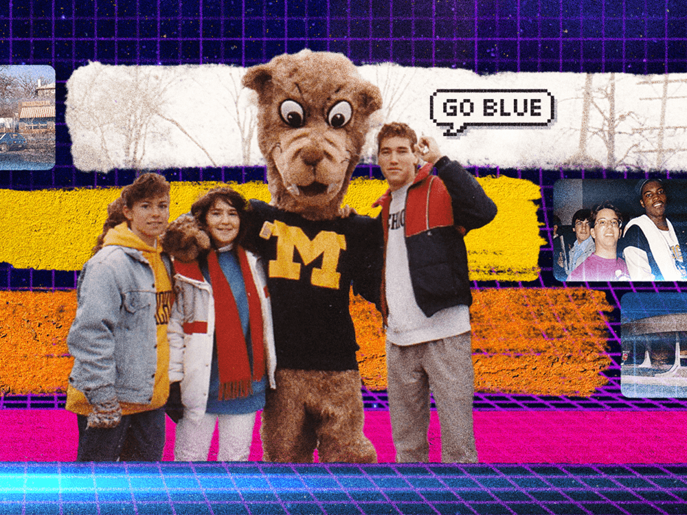 A collage of images includes a background of 1980s-style electric grid, a photo of three students posing with a person in a wolverine costume, and several smaller inset photos.
