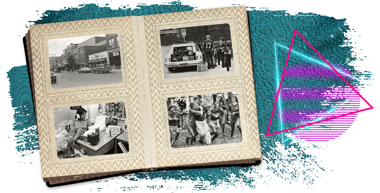 A collage of images in a scrapbook includes a 1980s photo of Liberty Street and the Michigan Theater in Ann Arbor; a person studying in a dorm room; a family next to a fully packed station wagon; and several students participating in a Mud Bowl football game.
