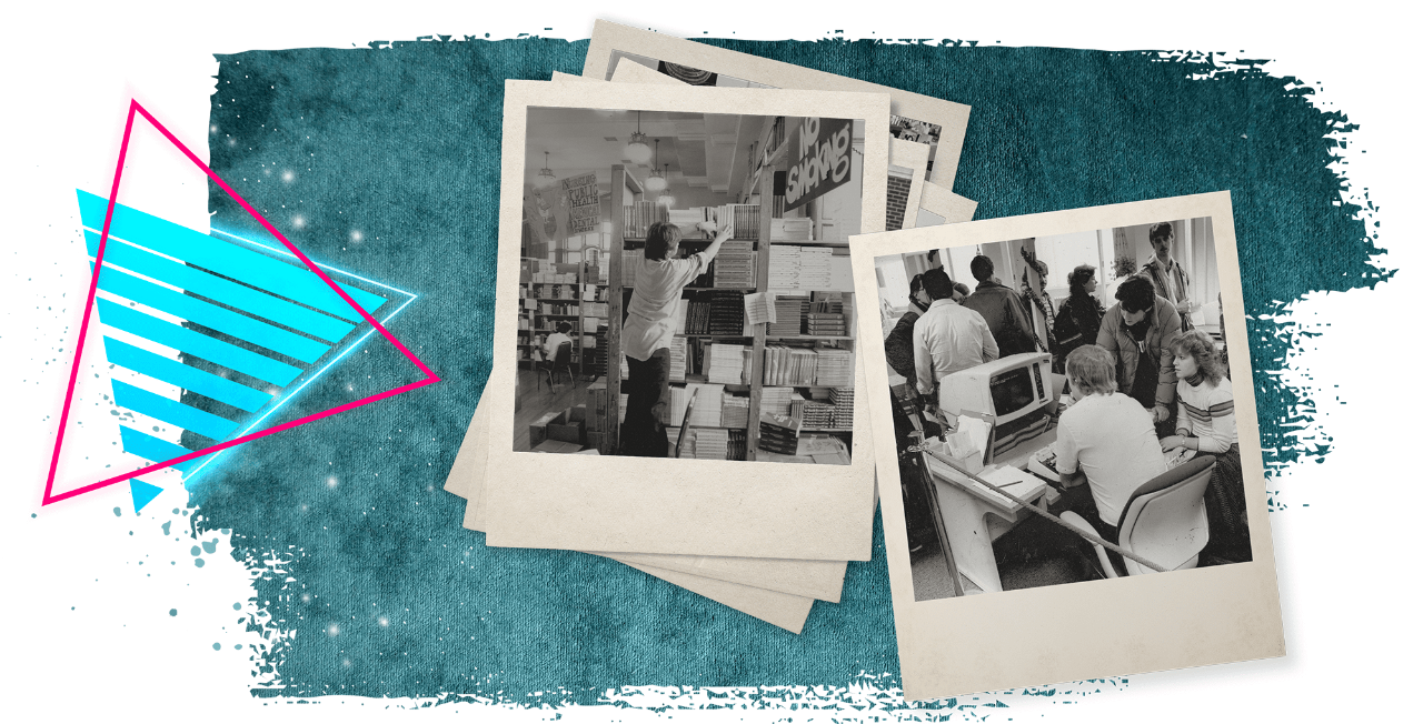 A collage of images includes two neon 1980s-style triangles, and two stacks of Polaroids, one topped with a photo of a person stacking textbooks and one with a photo of people looking at a 1980s computer monitor.