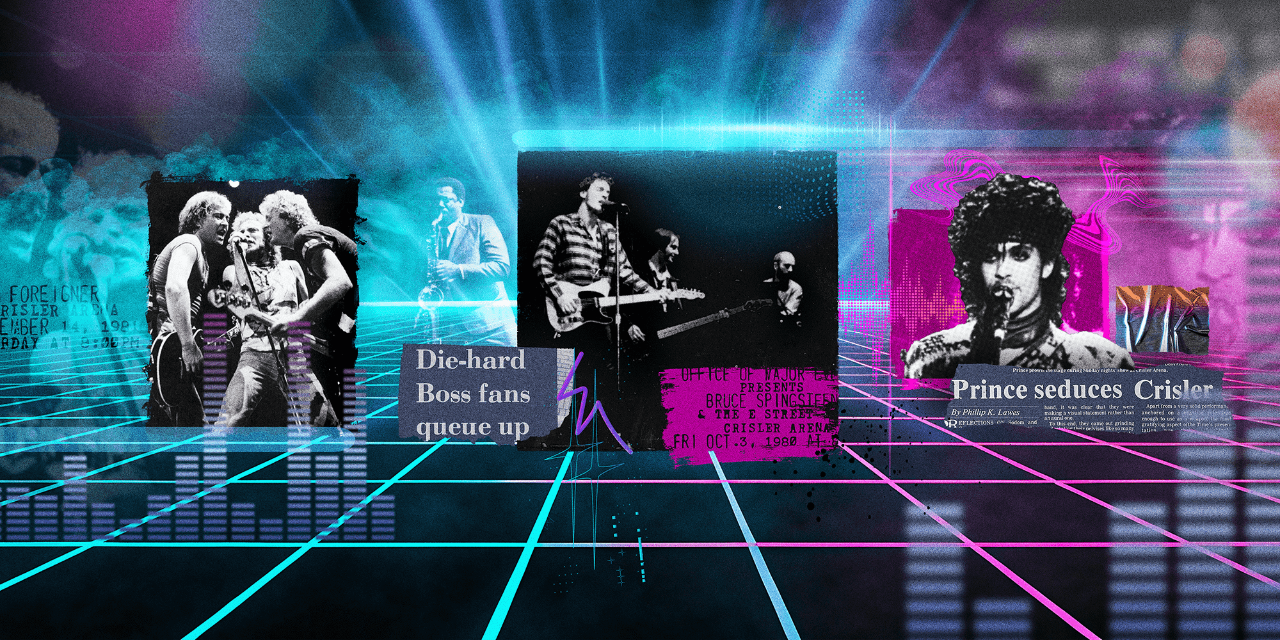 A collage of images includes a background of a 1980s-style electric grid; text that says “Remember the 80s,” a large photo of five students posing with a person in a wolverine costume, and four smaller inset photos.