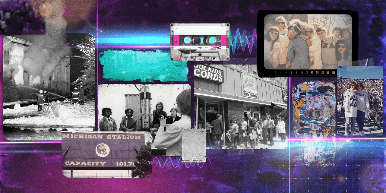 A collage of images includes a background of 1980s-style electric grid; text that says “Remember the 80s,” a large photo of five students posing with a person in a wolverine costume, and four smaller inset photos.
