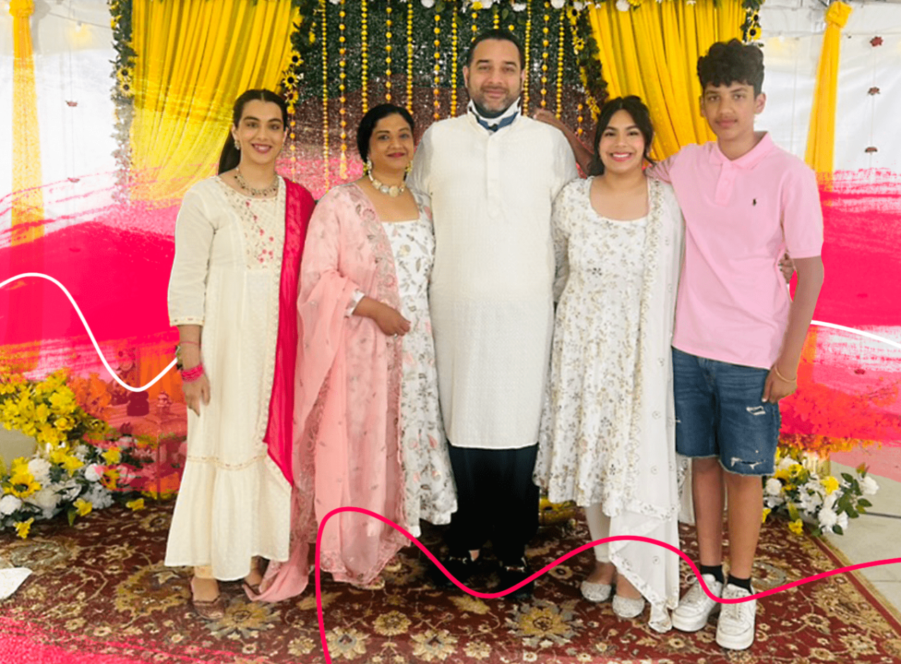 Two sisters, a brother, and their parents pose for a photo. Drawings in red and white are woven into the photo.