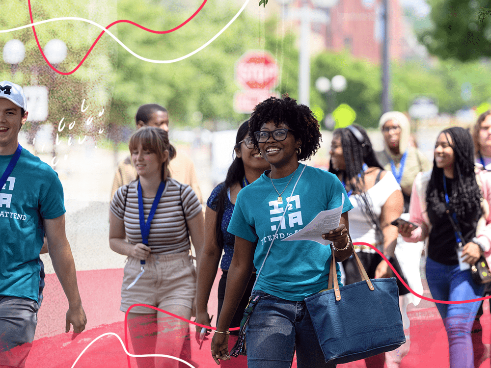 A female college student wearing a blue Intend 2 Attend t-shirt leads a group of students walking through campus. Red and white drawings are woven into the photo.