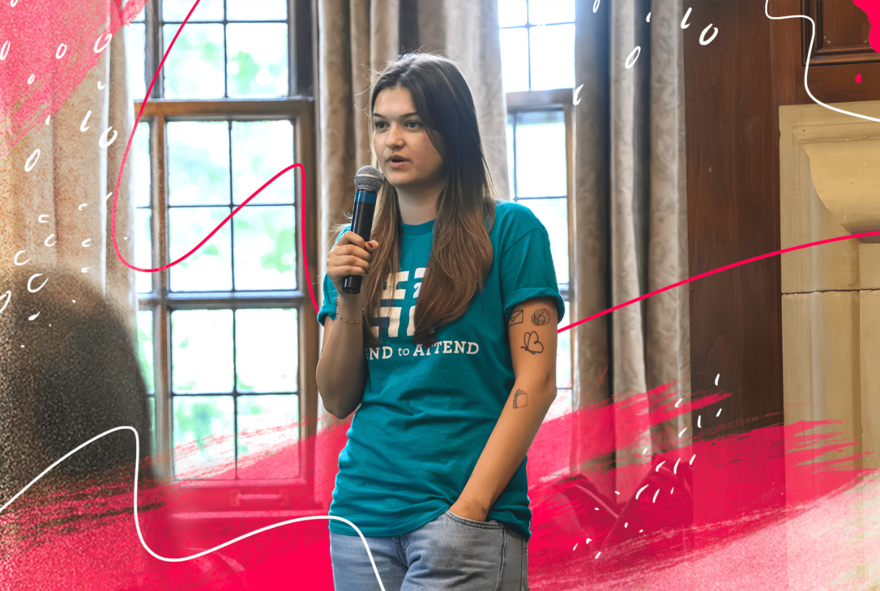 A female college student holds a microphone and speaks to an audience. Drawings in red and white are woven into the photo. 