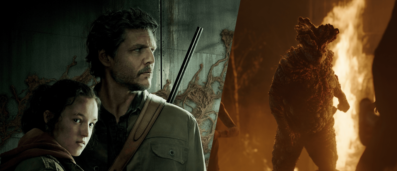 Actors Bella Ramsey and Pedro Pascal are posed in a photo from the TV series “The Last of Us.” A still image from the show depicts the “Bloater” phase of an infected human.