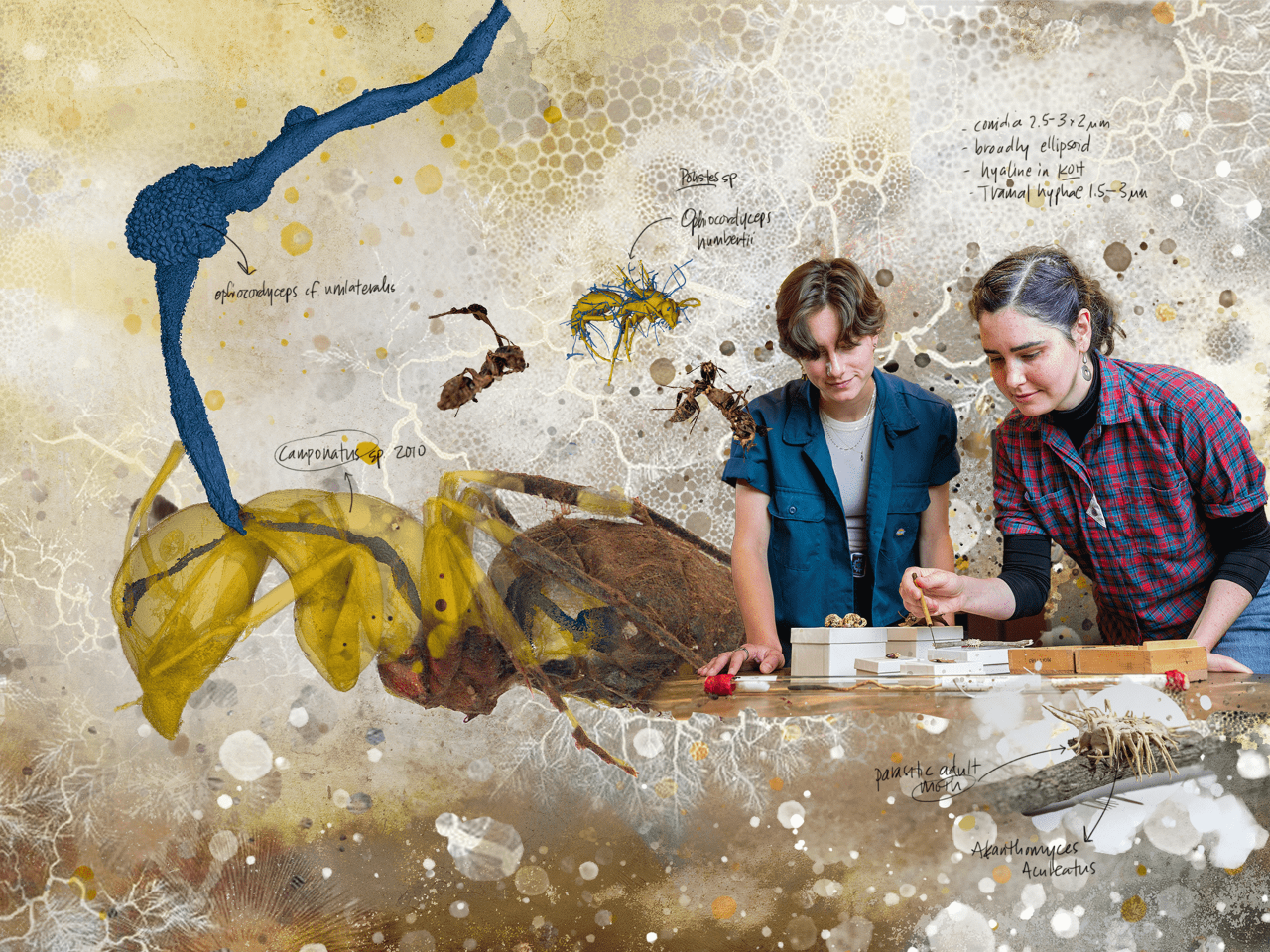 A collage of imagery includes fungal spores, insects infected with the cordyceps fungus, and two people working in a biology museum with specimens of fungi and insects. The Latin names for the wasp, moth, and ant specimens are written in stylized text.