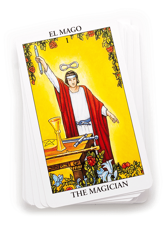 An image of “The Magician” tarot card and the words: “The connection between Plato and the Tarot is the work of a magician,” Ahbel-Rappe says. 