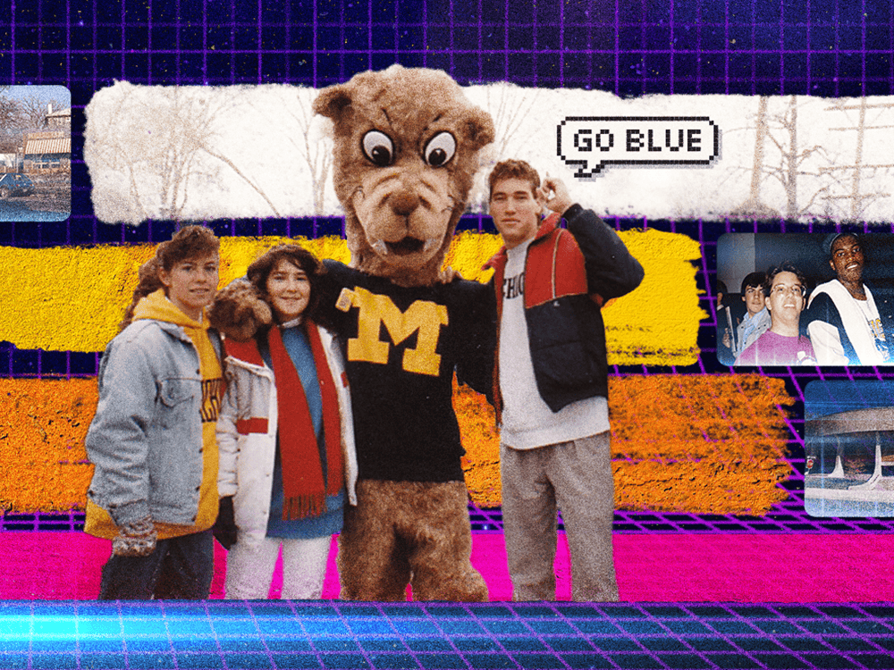 A collage of images includes a background of a 1980s-style electric grid, a photo of three students posing with a person in a wolverine costume, and several smaller inset photos.