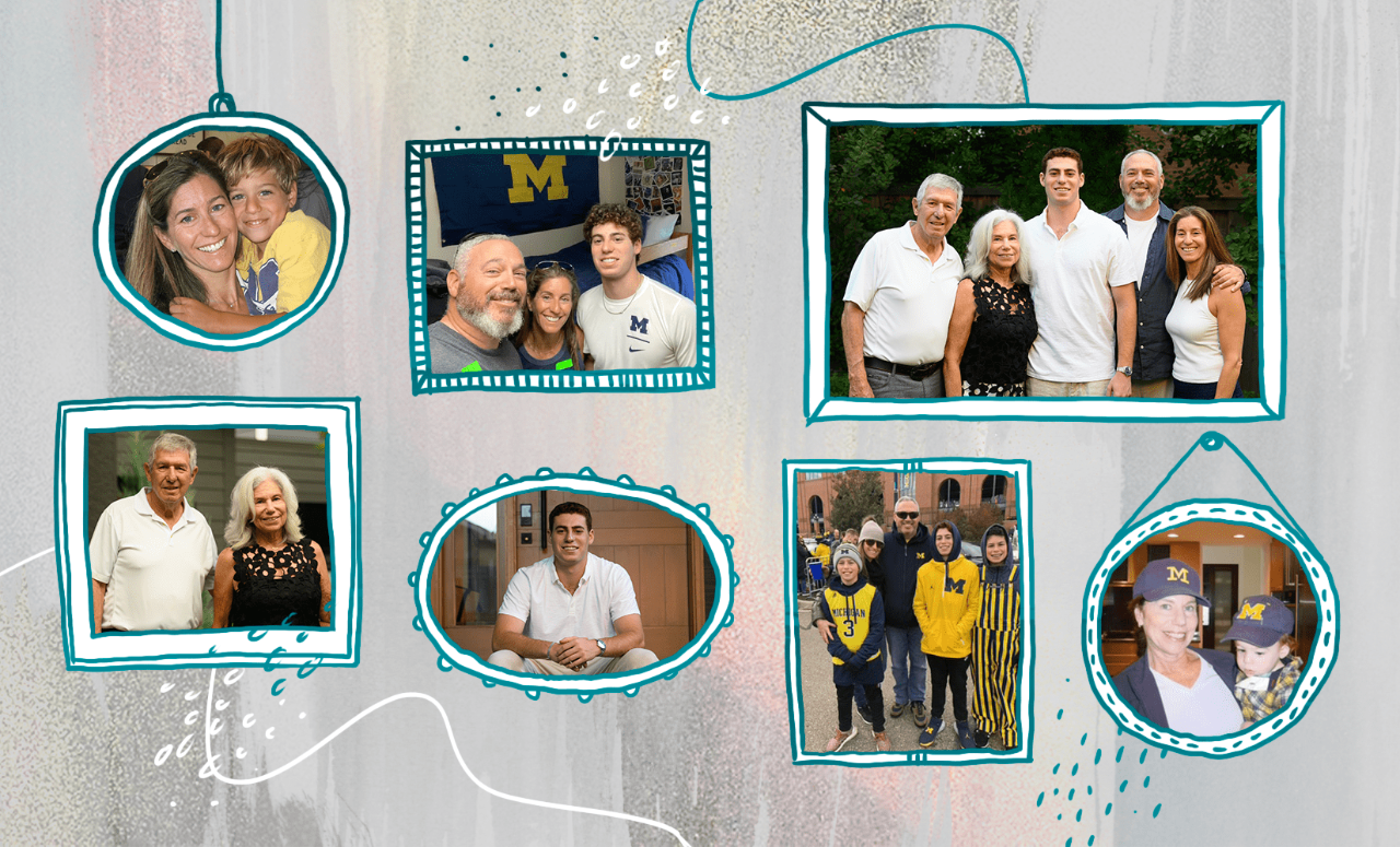 An illustrated collage of photographs depicts a family at multiple stages of life: posing for group photos, wearing University of Michigan gear, and spending time on campus. 