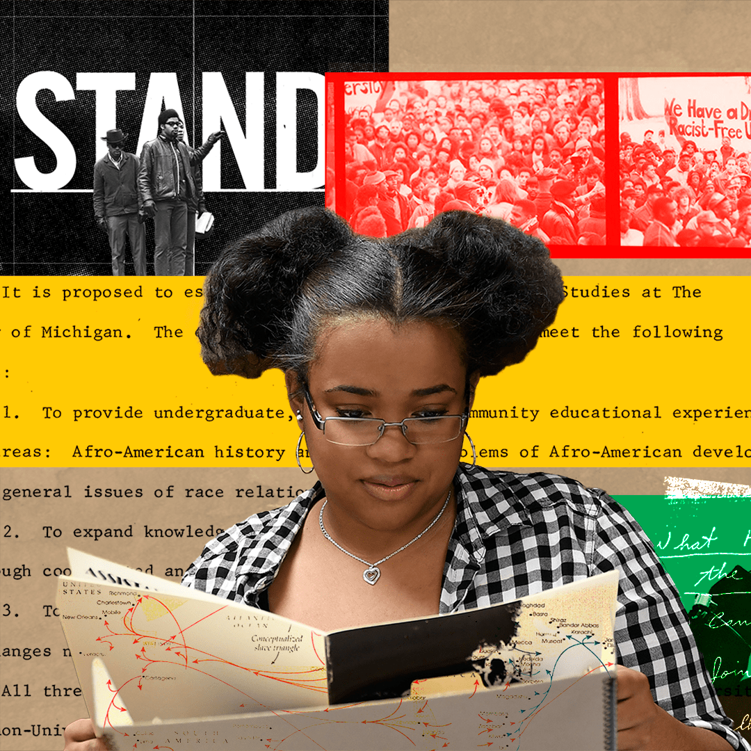 Against a backdrop of red, yellow, and green, a student conducts archival research.