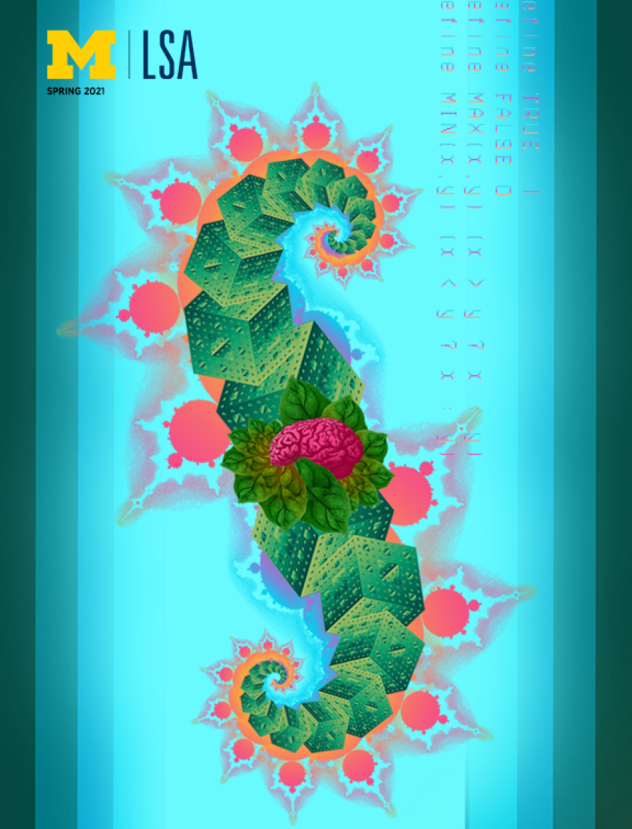 Collage in bright colors that shows fractals, a brain, leaves, and atoms.