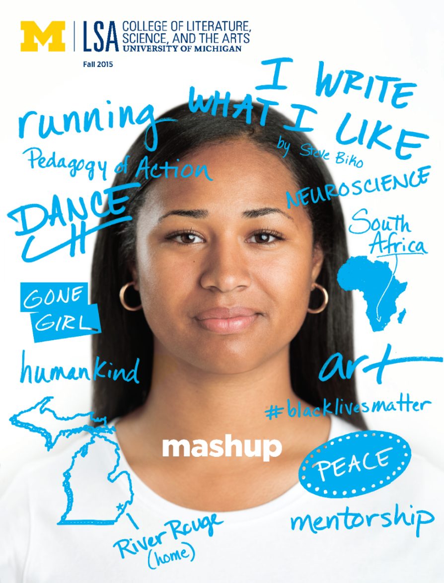 A woman's headshot with written phrases around her that say I write what I like, neuroscience, South Africa, art, #blacklivesmatter, peace, mentorship, River Rouge (home) humankind, Gone Girl, dance, pedagogy of action, running