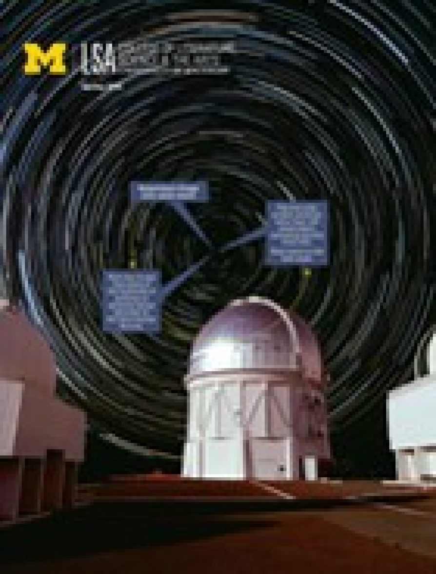 night sky with blurred lines designating stars' movements behind an observatory