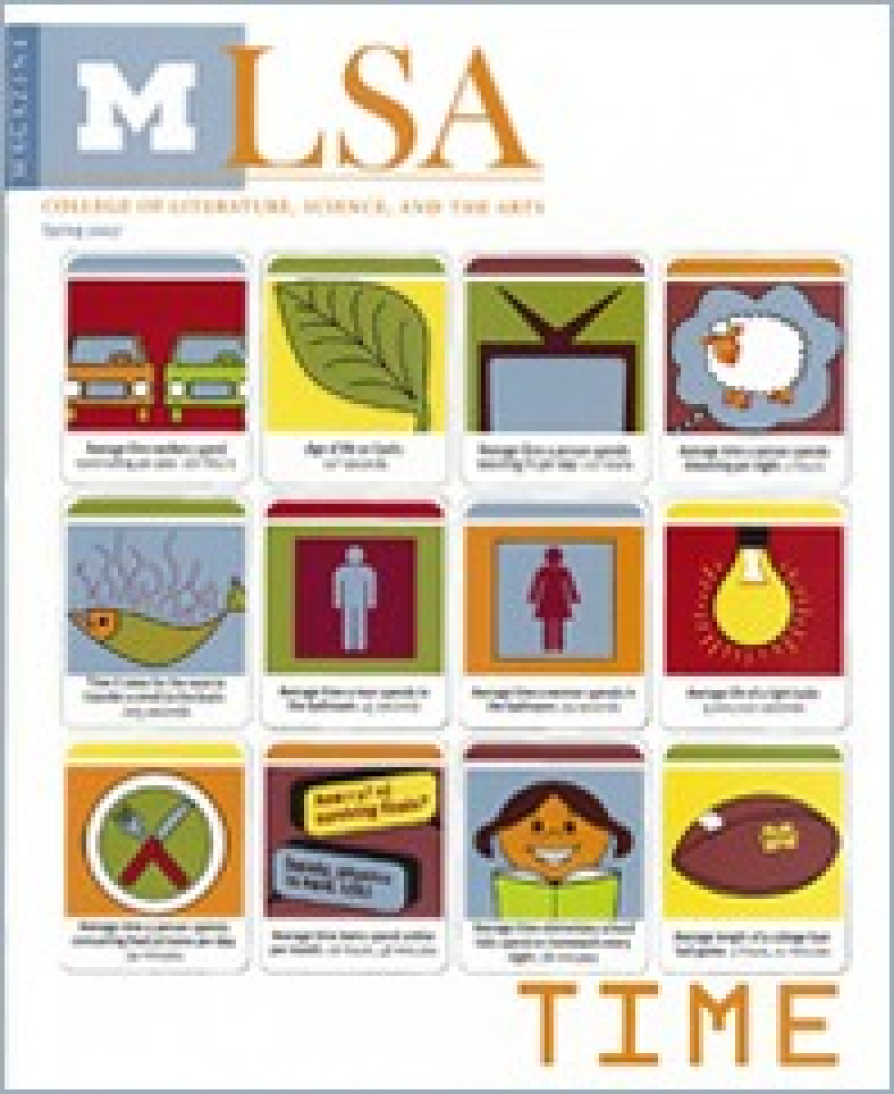 Cover of LSA Magazine from the University of Michigan College of Literature, Science, and the Arts, Spring 2007. The design features a white background with a grid of twelve colorful, stylized icons, each representing a different concept such as cars, a leaf, a television, a sheep, a lamp, a person, a woman, a clock with utensils, a cartoon speech bubble, a smiling reader, and a football. Each icon includes a brief description below it in a small white box. At the bottom right, the large text reads “TIME” in orange letters. The LSA Magazine logo is at the top left.