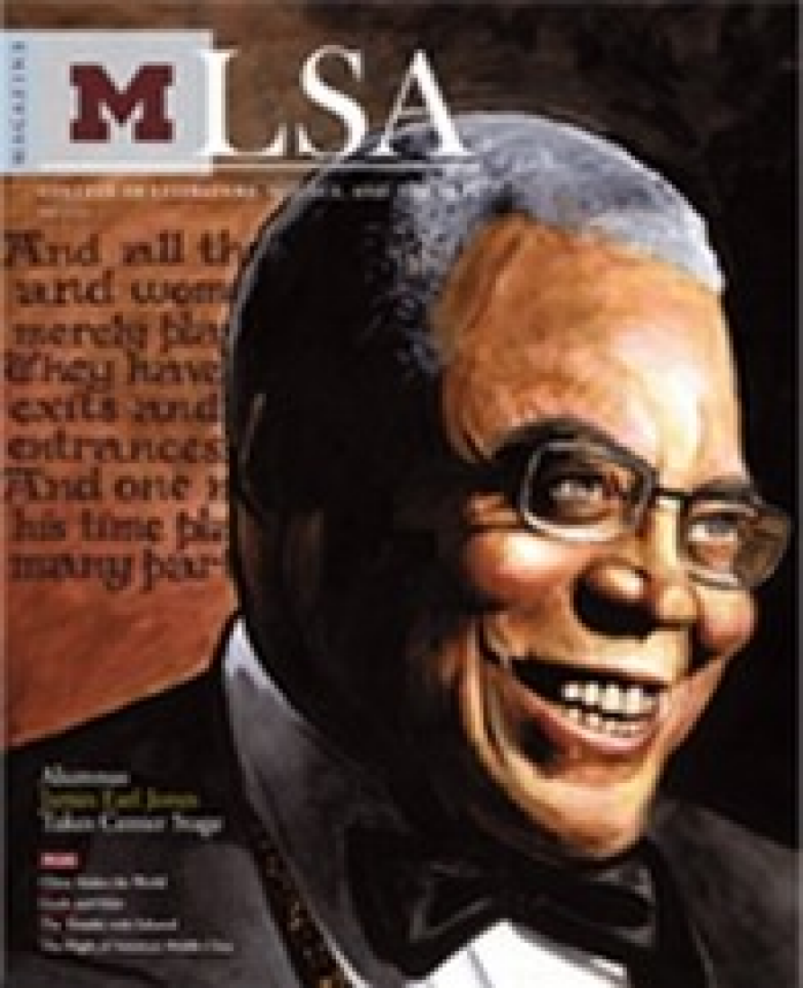 Cover of an issue of LSA Magazine from the University of Michigan’s College of Literature, Science, and the Arts. The design features a painted portrait of James Earl Jones dressed in formal attire, including a black tuxedo and bow tie, set against a warm-toned background with visible text excerpts. The LSA Magazine logo and university branding are displayed at the top, and featured article topics are listed at the bottom, highlighting alumni, notable figures, and unique stories.