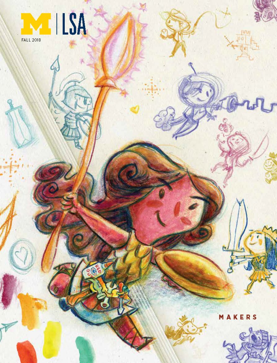 LSA Magazine Spring 2018 cover An illustration depicting a stack of colored text bubbles containing symbols and designs. Two figures are scaling the stack; another kneels before it. Two figures point to the same text bubble as if they are collaborating to decode it. At the very top a woman holds a text bubble that says hello.