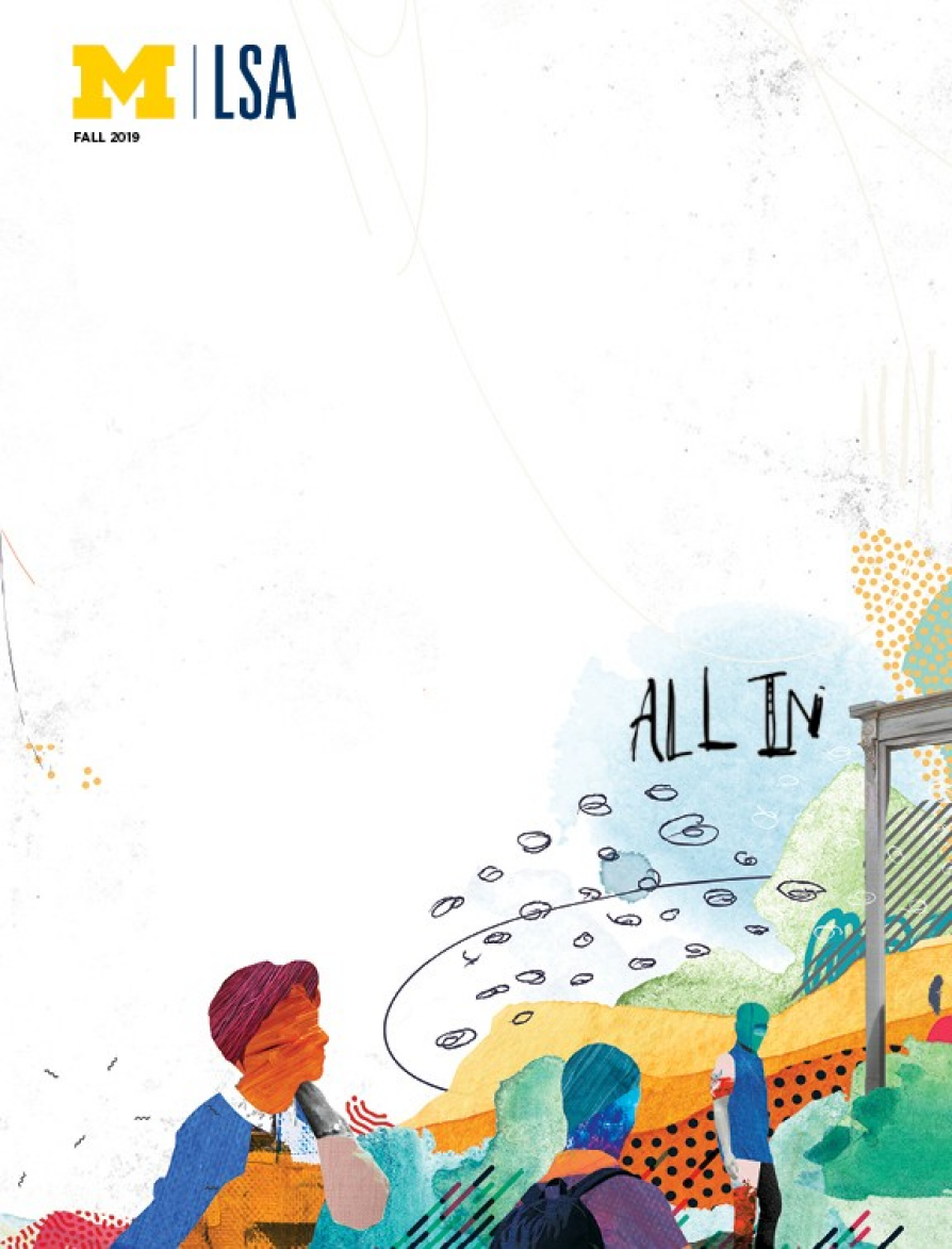 Illustration of people preparing to walk through a door